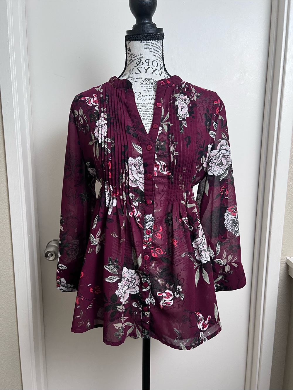 Burgundy Floral Sheer Chiffon feel Pintuck Tunic Blouse Tie Waist S